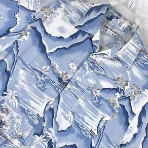 VTG Rusty Hawaiian Camp Shirt Men S Blue Tropical Beach Palm AOP Surf Aloha Y2K